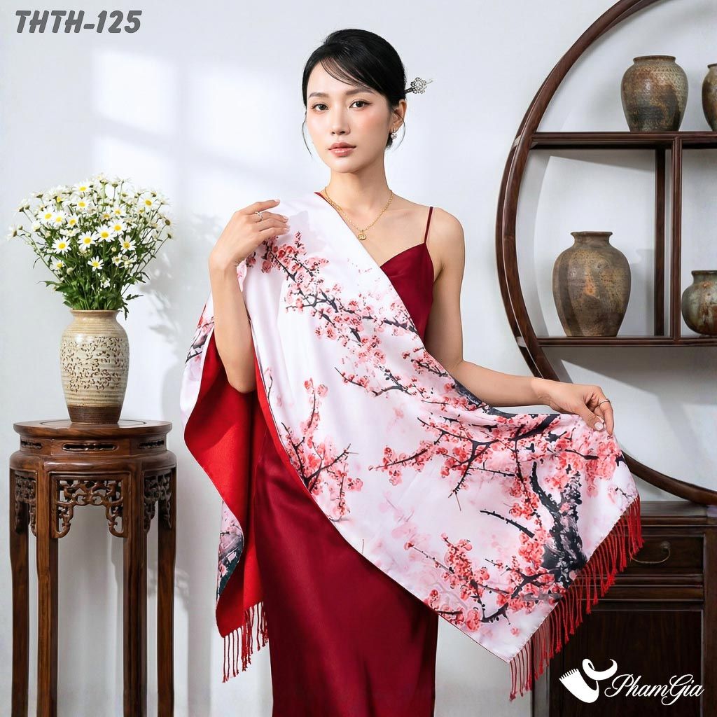 Khăn Choàng Tằm Hoa Thượng Hải 2 Lớp Cao Cấp Họa Tiết Hoa Đào Màu Hồng Trang Nhã (THTH125)