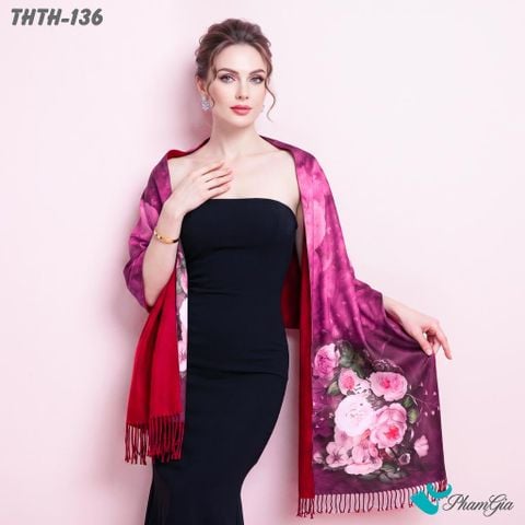 Khăn Choàng Tằm Hoa Thuỵ Hạc 2 Lớp Cao Cấp Họa Tiết Hoa Hồng Màu Đỏ Mận Kiều Diễm (THTH136)