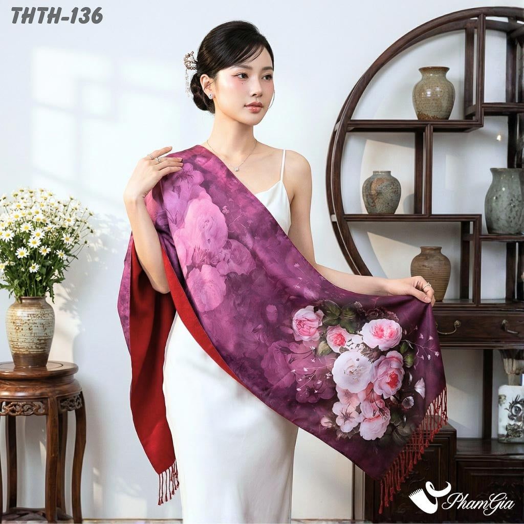 Khăn Choàng Tằm Hoa Thượng Hải 2 Lớp Cao Cấp Họa Tiết Hoa Hồng Màu Đỏ Mận Kiều Diễm (THTH136)