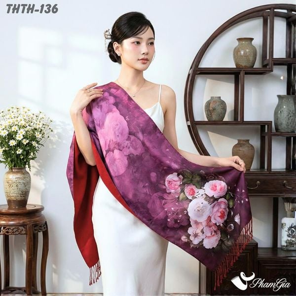 Khăn Choàng Tằm Hoa Thượng Hải 2 Lớp Cao Cấp Họa Tiết Hoa Hồng Màu Đỏ Mận Kiều Diễm (THTH136)