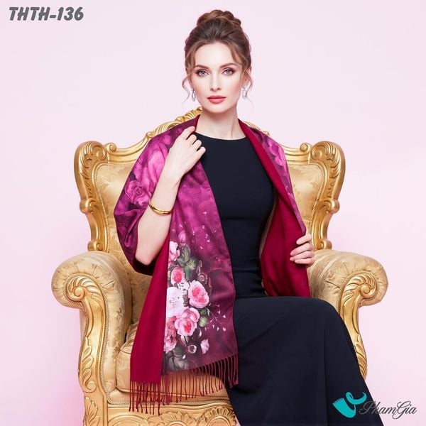 Khăn Choàng Tằm Hoa Thuỵ Hạc 2 Lớp Cao Cấp Họa Tiết Hoa Hồng Màu Đỏ Mận Kiều Diễm (THTH136)