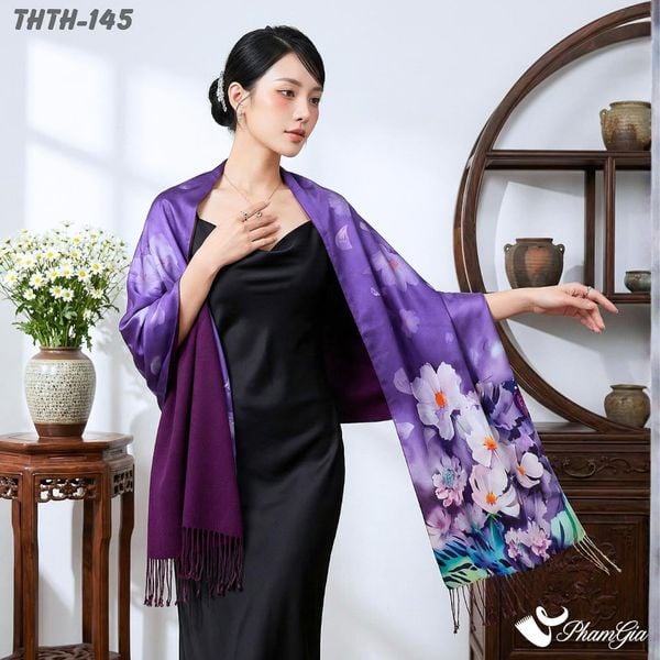 Khăn Choàng Tằm Hoa Thượng Hải 2 Lớp Cao Cấp Họa Tiết Hoa Cúc Trắng Nền Tím Tinh Tế (THTH145)