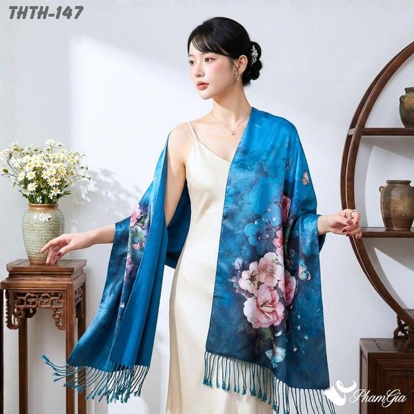 Khăn Choàng Tằm Hoa Thượng Hải 2 Lớp Cao Cấp Họa Tiết Hoa Hồng Màu Xanh Ngọc Kiều Diễm (THTH147)