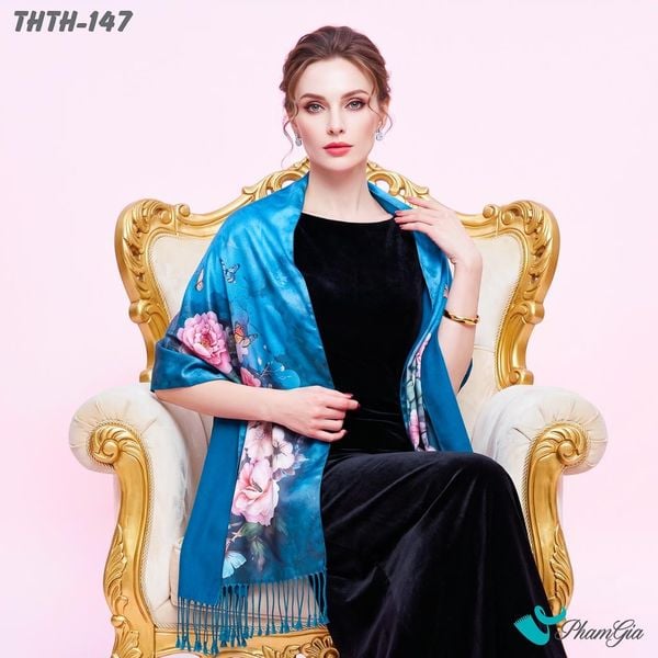 Khăn Choàng Tằm Hoa Thượng Hải 2 Lớp Cao Cấp Họa Tiết Hoa Hồng Màu Xanh Ngọc Kiều Diễm (THTH147)