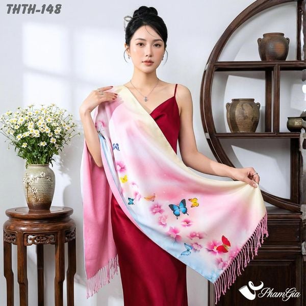 Khăn Choàng Tằm Hoa Thượng Hải 2 Lớp Cao Cấp Họa Tiết Hồng Điệp Màu Hồng Baby Trang Nhã (THTH148)