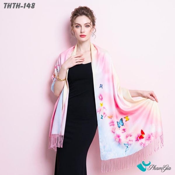 Khăn Choàng Tằm Hoa Thượng Hải 2 Lớp Cao Cấp Họa Tiết Hồng Điệp Màu Hồng Baby Trang Nhã (THTH148)