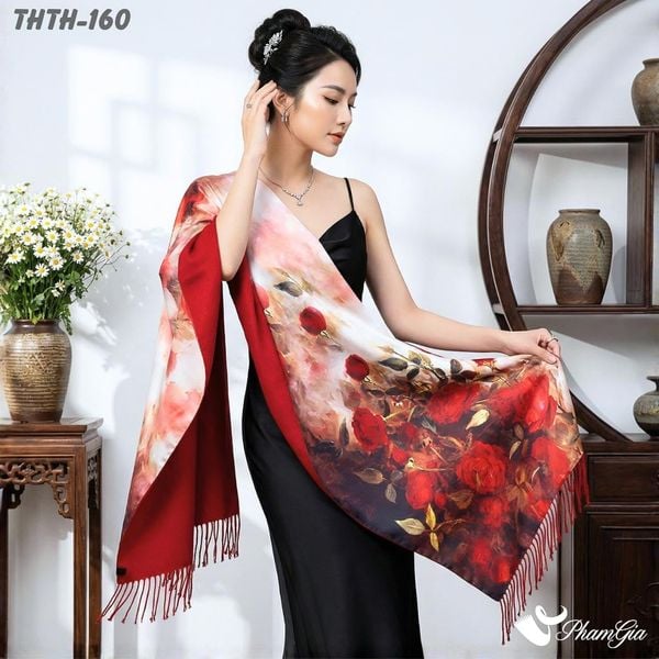Khăn Choàng Tằm Hoa Thượng Hải 2 Lớp Cao Cấp Họa Tiết Hoa Hồng Nhung Màu Đỏ Đô Rực Rỡ (THTH160)