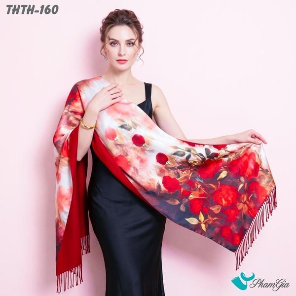 Khăn Choàng Tằm Hoa Thượng Hải 2 Lớp Cao Cấp Họa Tiết Hoa Hồng Nhung Màu Đỏ Đô Rực Rỡ (THTH160)
