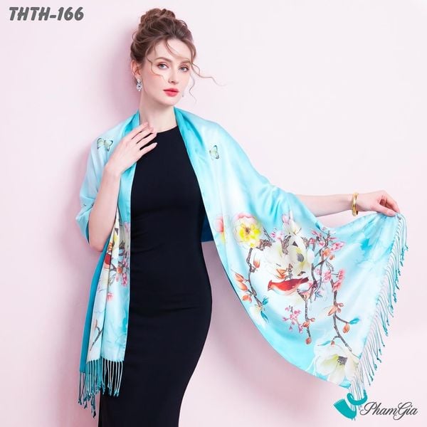 Khăn Choàng Tằm Hoa Thuỵ Hạc 2 Lớp Cao Cấp Họa Tiết Hoa Mộc Lan Màu Xanh Ngọc Trang Nhã  (THTH166)