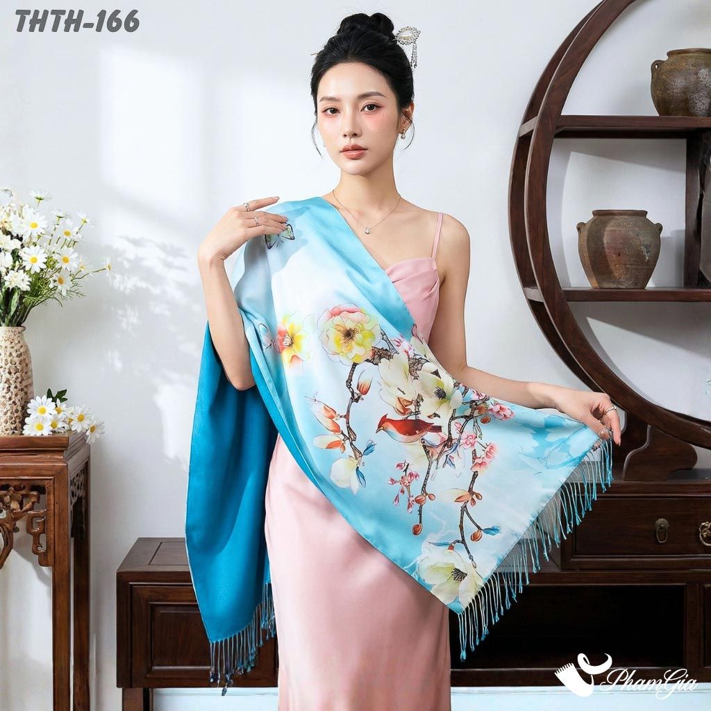 Khăn Choàng Tằm Hoa Thượng Hải 2 Lớp Cao Cấp Họa Tiết Hoa Mộc Lan Màu Xanh Ngọc Trang Nhã  (THTH166)
