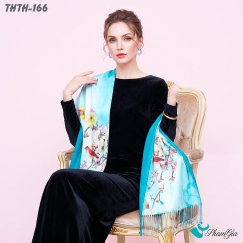 Khăn Choàng Tằm Hoa Thuỵ Hạc 2 Lớp Cao Cấp Họa Tiết Hoa Mộc Lan Màu Xanh Ngọc Trang Nhã  (THTH166)