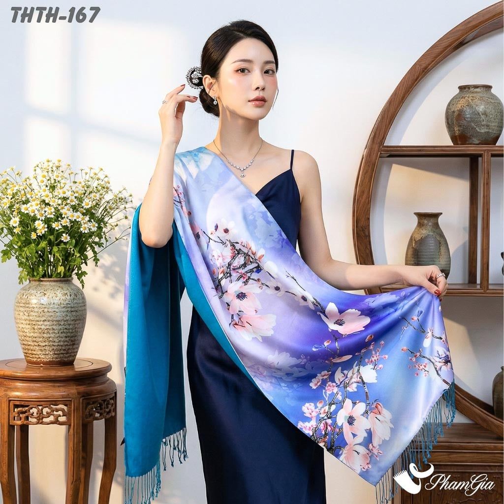 Khăn Choàng Tằm Hoa Thượng Hải 2 Lớp Cao Cấp Họa Tiết Hoa Mộc Lan Màu Xanh Coban Sang Trọng (THTH167)