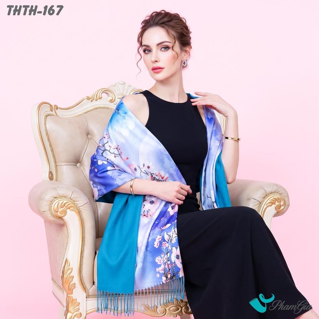 Khăn Choàng Tằm Hoa Thượng Hải 2 Lớp Cao Cấp Họa Tiết Hoa Mộc Lan Màu Xanh Coban Sang Trọng (THTH167)