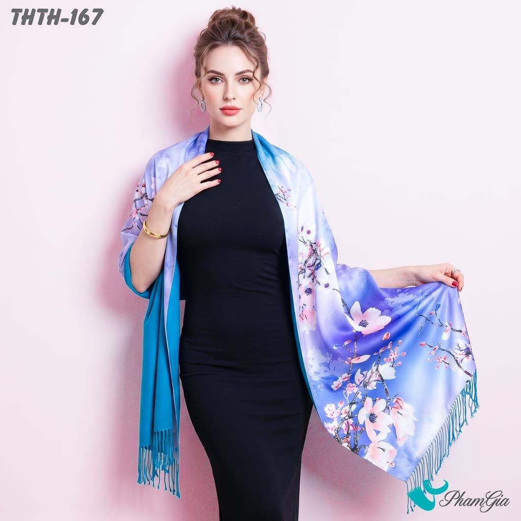 Khăn Choàng Tằm Hoa Thượng Hải 2 Lớp Cao Cấp Họa Tiết Hoa Mộc Lan Màu Xanh Coban Sang Trọng (THTH167)