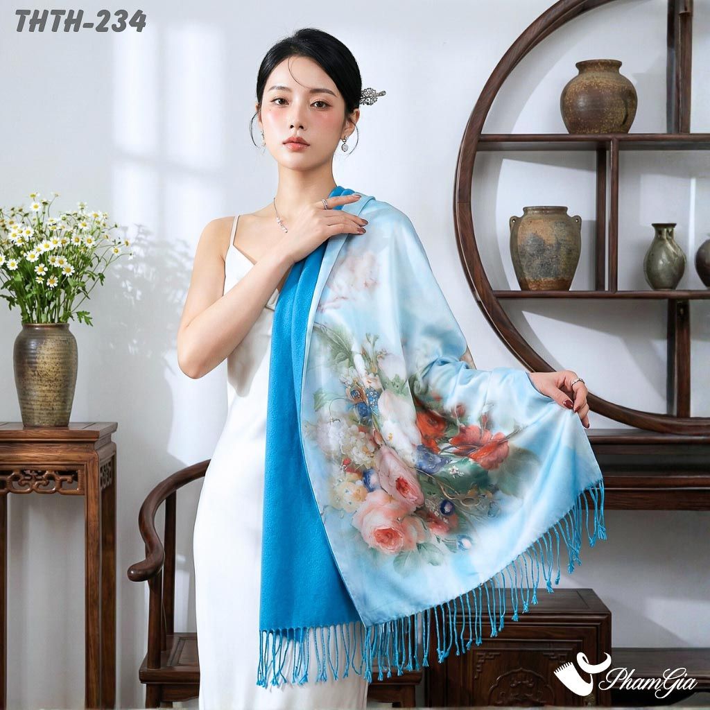 Khăn Choàng Tằm Hoa Thượng Hải 2 Lớp Cao Cấp Họa Tiết Hoa Hồng Màu Xanh Baby Thanh Lịch (THTH234)