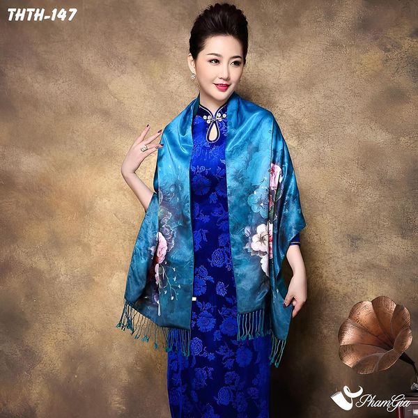 Khăn Choàng Tằm Hoa Thượng Hải 2 Lớp Cao Cấp Họa Tiết Hoa Hồng Màu Xanh Ngọc Kiều Diễm (THTH147)
