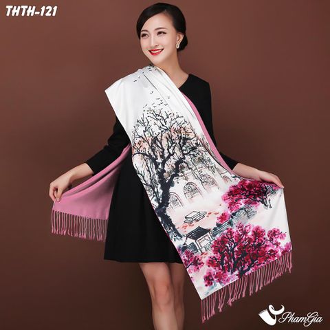 Người Mẫu Choàng Khăn Choàng Tằm Hoa Thượng Hải 2 Lớp Cao Cấp Họa Tiết Thủy Mặc Màu Hồng Phấn Trang Nhã