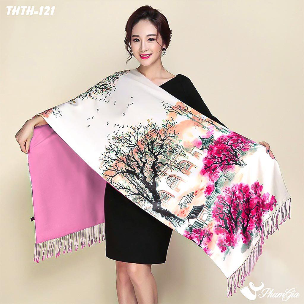 Khăn Choàng Tằm Hoa Thượng Hải 2 Lớp Cao Cấp Họa Tiết Thủy Mặc Màu Hồng Phấn Trang Nhã