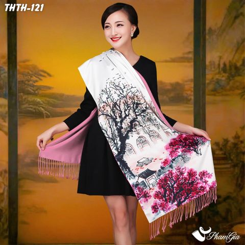 Khăn Choàng Tằm Hoa Thượng Hải 2 Lớp Cao Cấp Họa Tiết Thủy Mặc Màu Hồng Phấn Trang Nhã (THTH121)