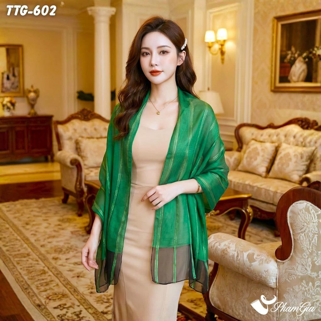 Khăn Choàng Tơ Tằm Gân Cao Cấp Phối Sọc Hiện Đại Màu Xanh Két (TTG602)