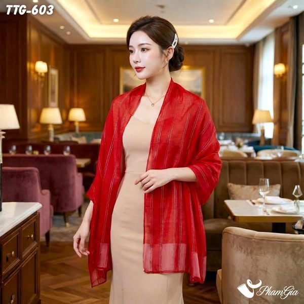 Khăn Choàng Tơ Tằm Gân Cao Cấp Phối Sọc Hiện Đại Màu Đỏ Tulip (TTG603)