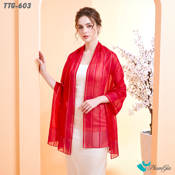 Khăn Choàng Tơ Tằm Gân Cao Cấp Phối Sọc Hiện Đại Màu Đỏ Tulip (TTG603)