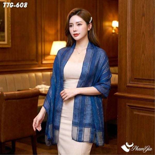 Khăn Choàng Tơ Tằm Gân Cao Cấp Phối Sọc Hiện Đại Màu Xanh Than (TTG608)
