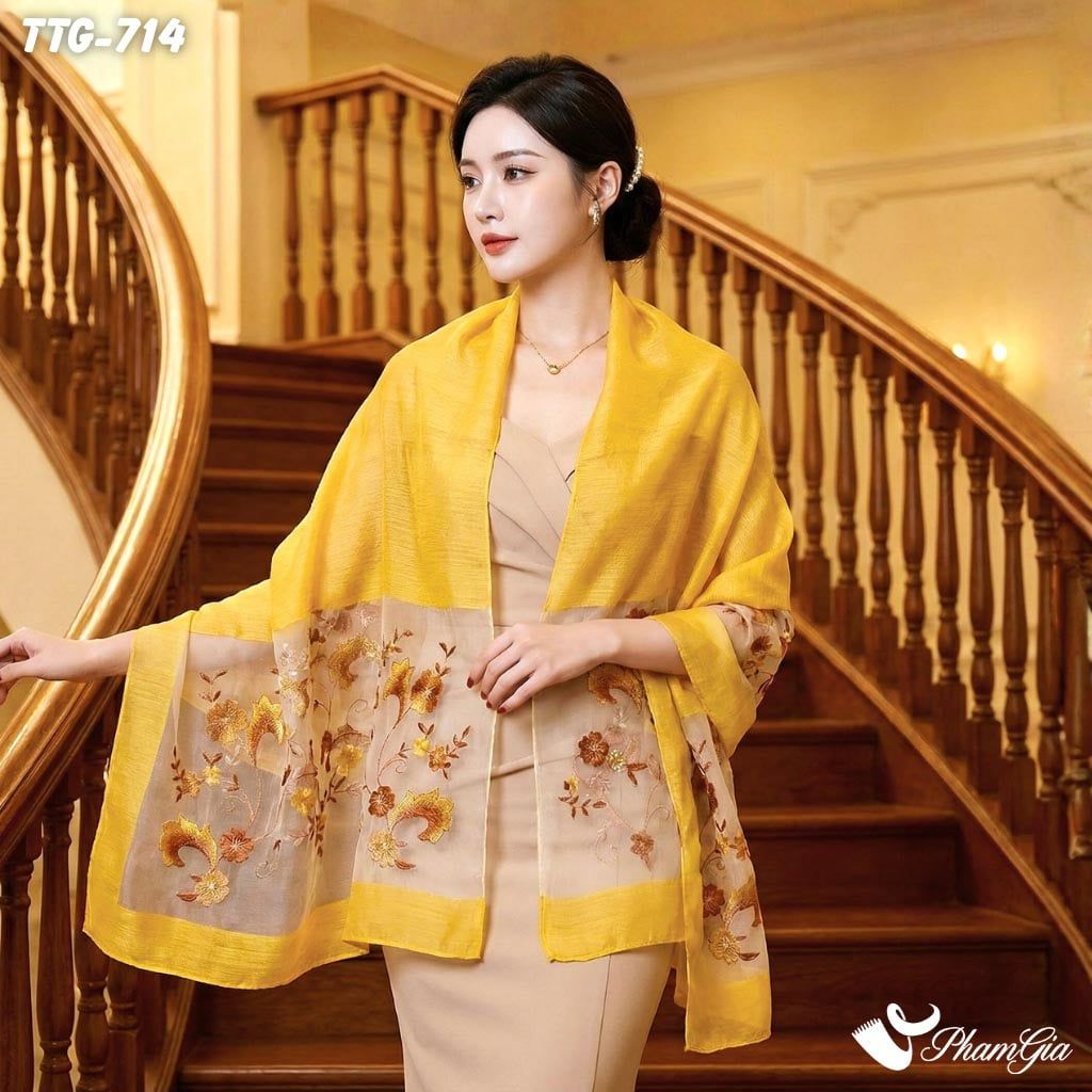 Khăn Choàng Tơ Tằm Gân Cao Cấp Thêu Hoa Thiên Tử Màu Vàng Gold Tinh Tế (TTG714)