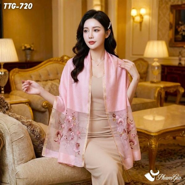 Khăn Choàng Tơ Tằm Gân Cao Cấp Thêu Hoa Thiên Tử Màu Hồng Dâu Tinh Tế (TTG720)