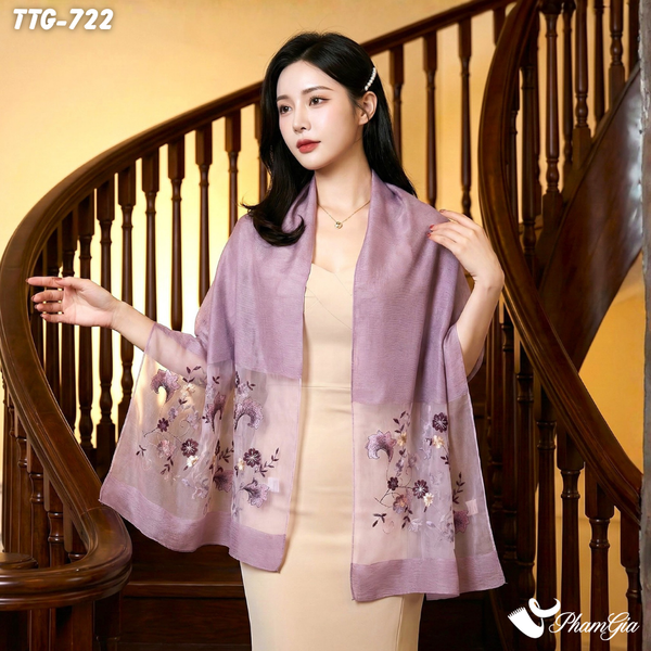Khăn Choàng Tơ Tằm Gân Cao Cấp Thêu Hoa Thiên Tử Màu Hồng Tím Tinh Tế (TTG722)