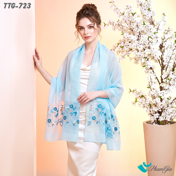 Khăn Choàng Tơ Tằm Gân Cao Cấp Thêu Hoa Thiên Tử Màu Xanh Baby Tinh Tế (TTG723)