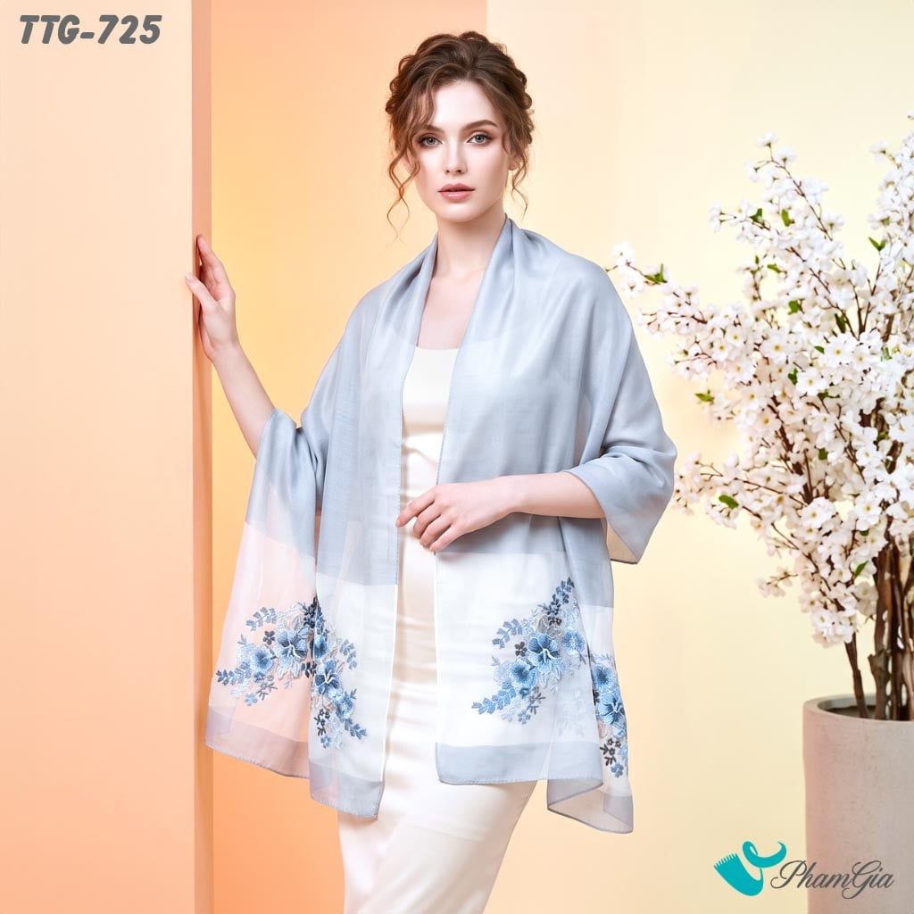 Khăn Choàng Tơ Tằm Gân Cao Cấp Thêu Hoa Phù Dung Màu Xám Khói Trang Nhã (TTG725)
