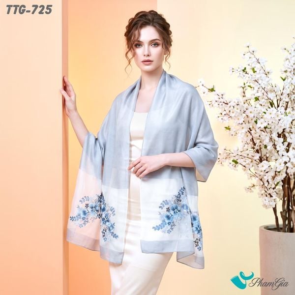 Khăn Choàng Tơ Tằm Gân Cao Cấp Thêu Hoa Phù Dung Màu Xám Khói Trang Nhã (TTG725)