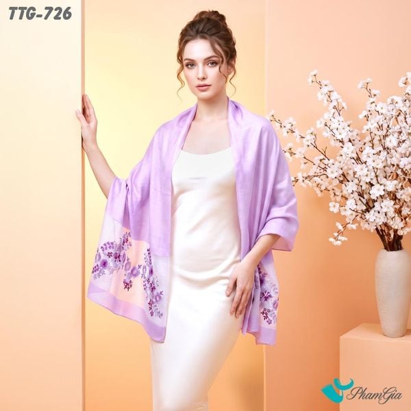 Khăn Choàng Tơ Tằm Gân Cao Cấp Thêu Hoa Phù Dung Màu Tím Lilac Thanh Lịch (TTG726)