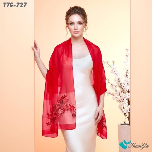 Khăn Choàng Tơ Tằm Gân Cao Cấp Thêu Hoa Phù Dung Màu Đỏ Rose Quý Phái (TTG727)