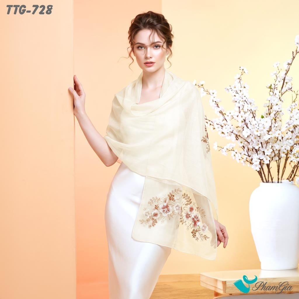 Khăn Choàng Tơ Tằm Gân Cao Cấp Thêu Hoa Phù Dung Màu Trắng Kem Trang Nhã (TTG728)