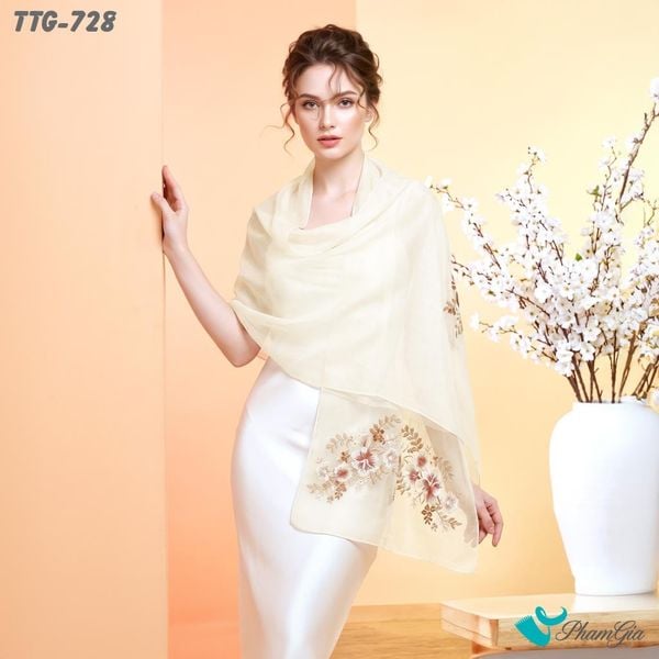 Khăn Choàng Tơ Tằm Gân Cao Cấp Thêu Hoa Phù Dung Màu Trắng Kem Trang Nhã (TTG728)