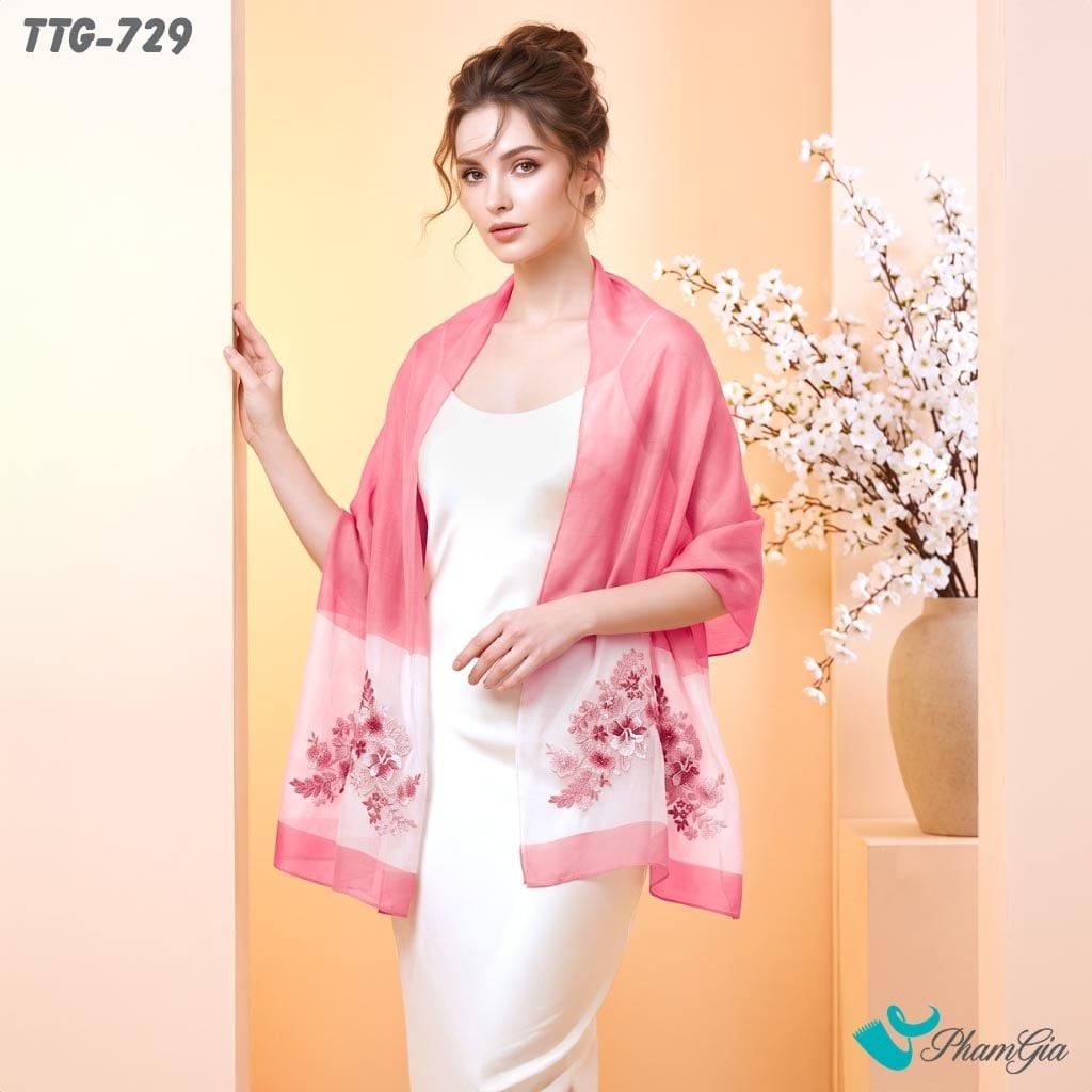 Khăn Choàng Tơ Tằm Gân Cao Cấp Thêu Hoa Phù Dung Màu Hồng Dâu Thanh Lịch (TTG729)
