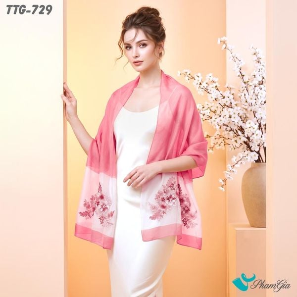 Khăn Choàng Tơ Tằm Gân Cao Cấp Thêu Hoa Phù Dung Màu Hồng Dâu Thanh Lịch (TTG729)