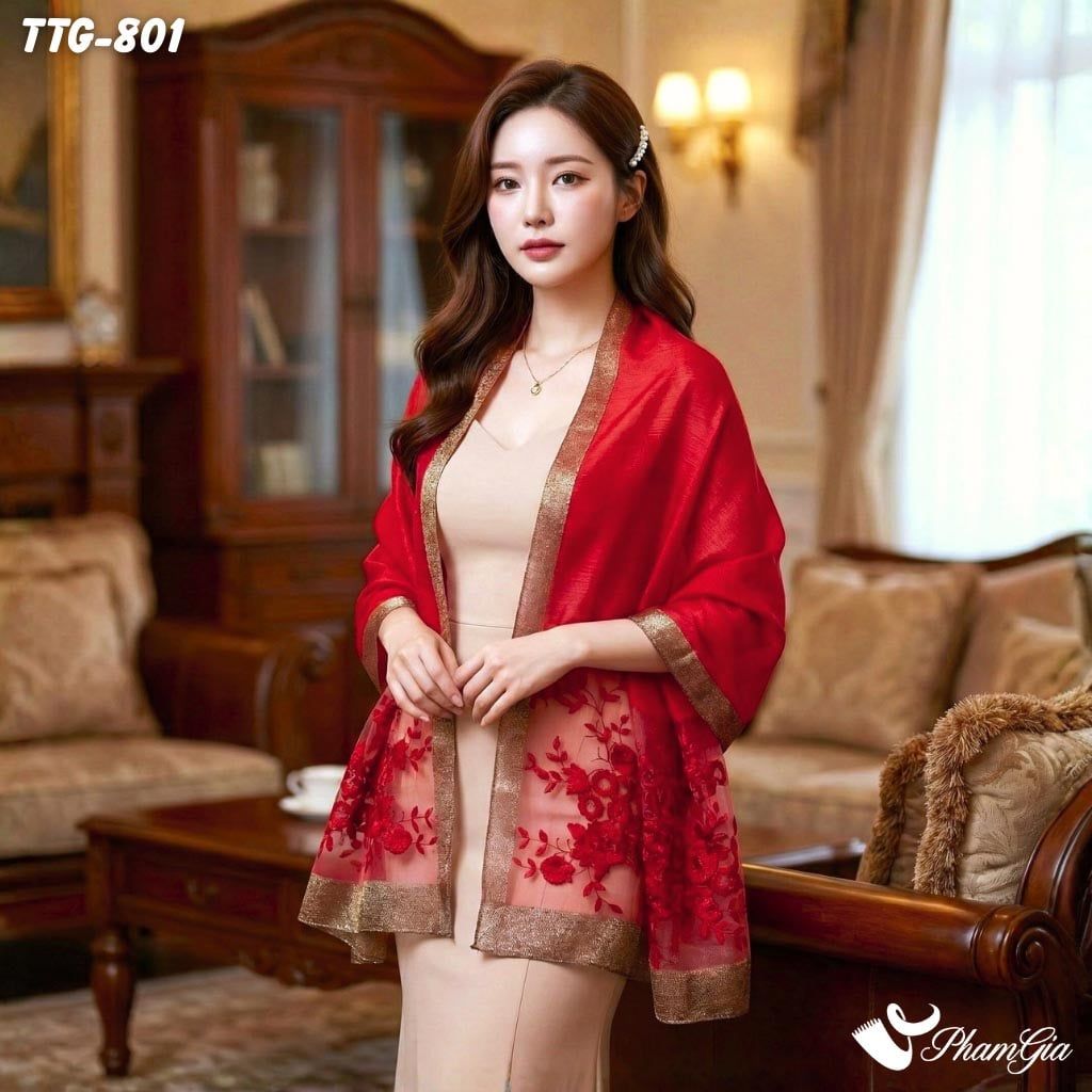 Khăn Choàng Tơ Tằm Gân Thêu Hoa Hải Quỳ Cao Cấp Màu Đỏ Đô (TTG801)