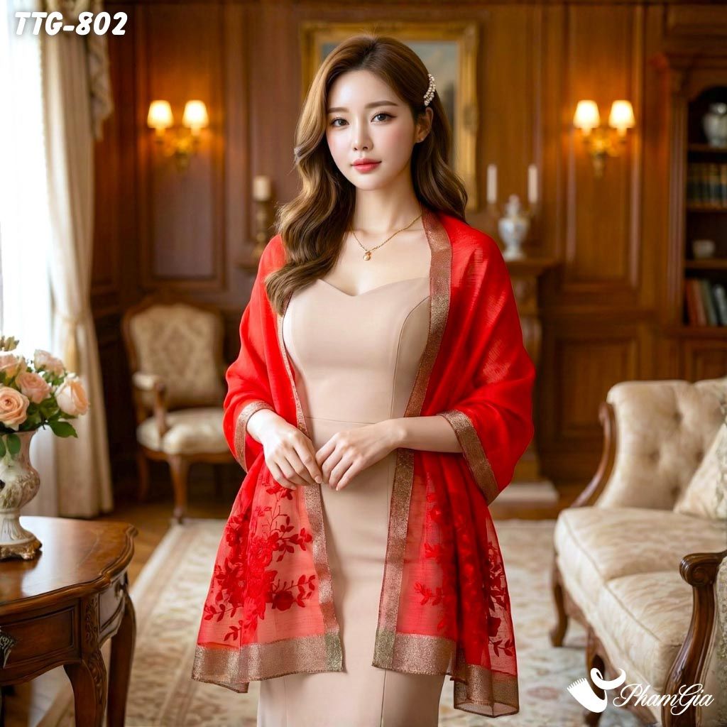 Khăn Choàng Tơ Tằm Gân Thêu Hoa Hải Quỳ Cao Cấp Màu Đỏ Cherry (TTG802)