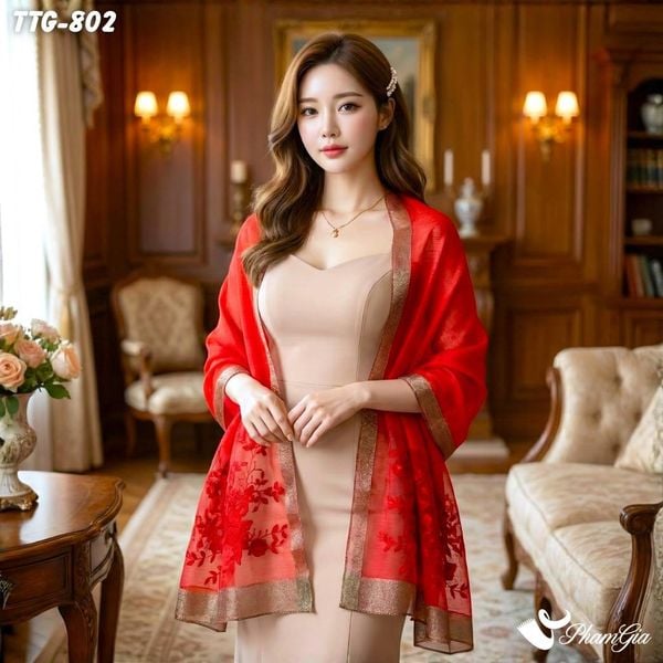 Khăn Choàng Tơ Tằm Gân Thêu Hoa Hải Quỳ Cao Cấp Màu Đỏ Cherry (TTG802)