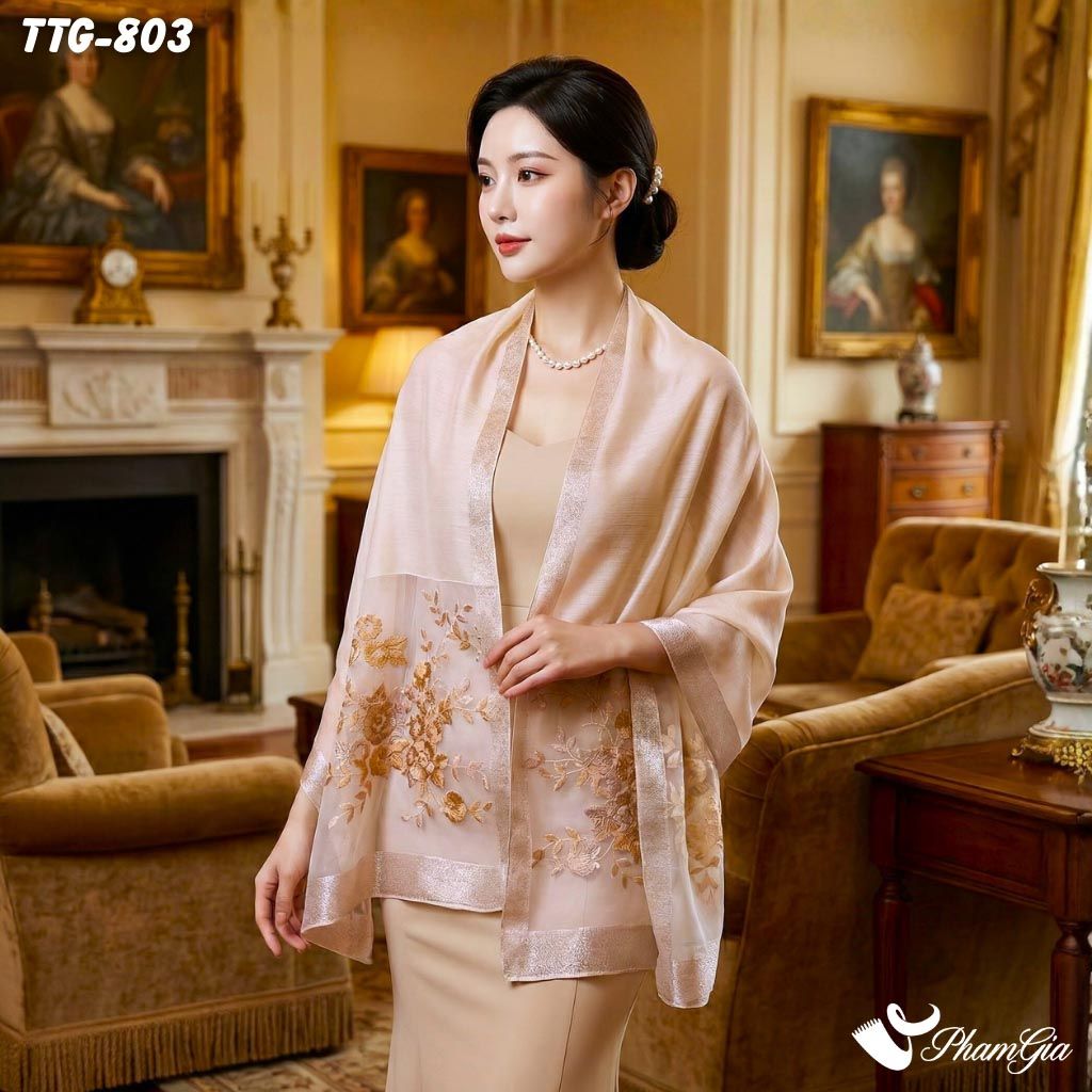 Khăn Choàng Tơ Tằm Gân Thêu Hoa Hải Quỳ Cao Cấp Màu Beige (TTG803)