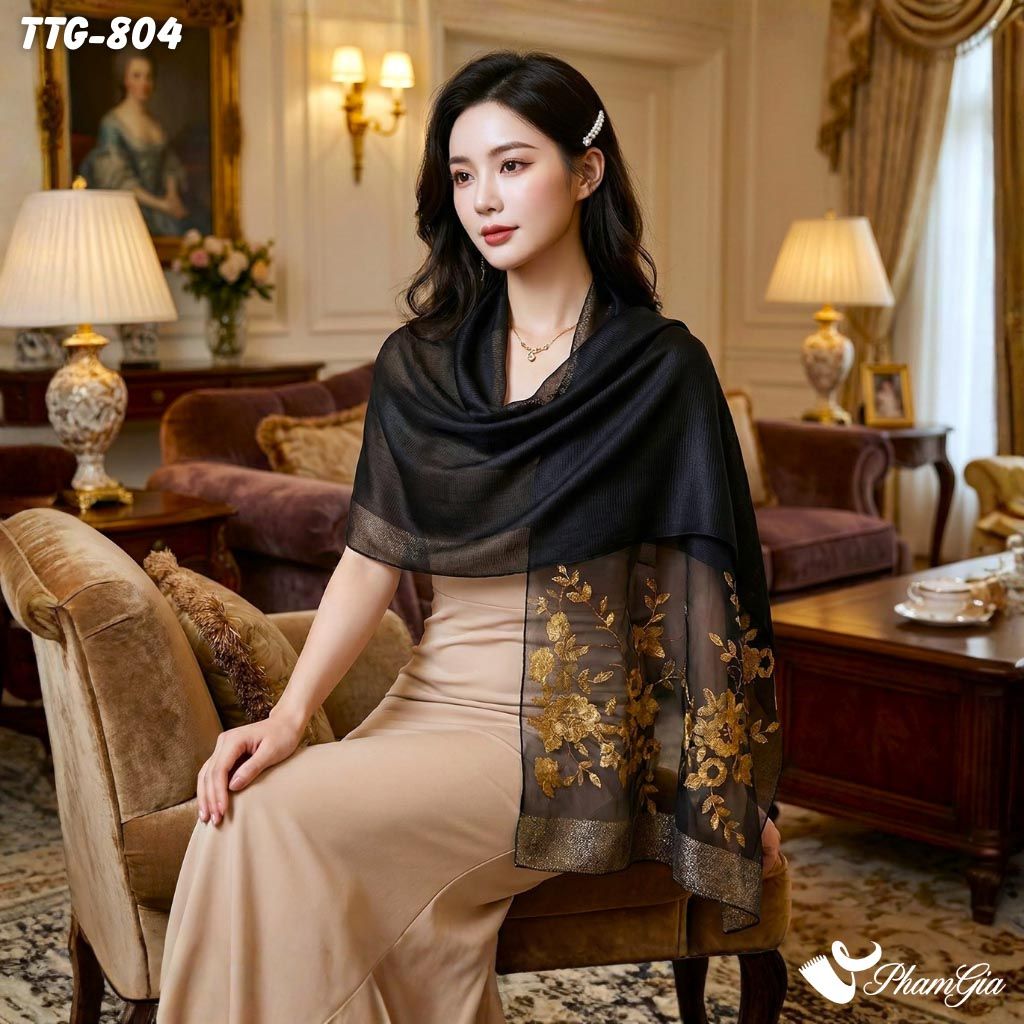 Khăn Choàng Tơ Tằm Gân Thêu Hoa Hải Quỳ Cao Cấp Màu Đen (TTG804)