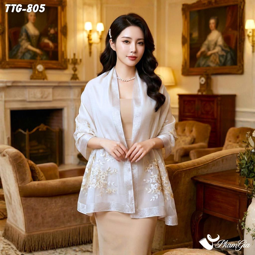 Khăn Choàng Tơ Tằm Gân Thêu Hoa Hải Quỳ Cao Cấp Màu Trắng (TTG805)