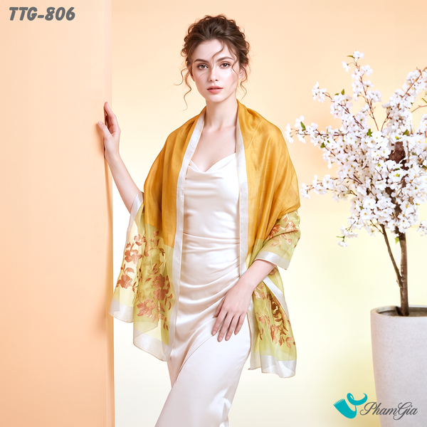 Khăn Choàng Tơ Tằm Gân Thêu Hoa Hải Quỳ Cao Cấp Màu Vàng (TTG806)