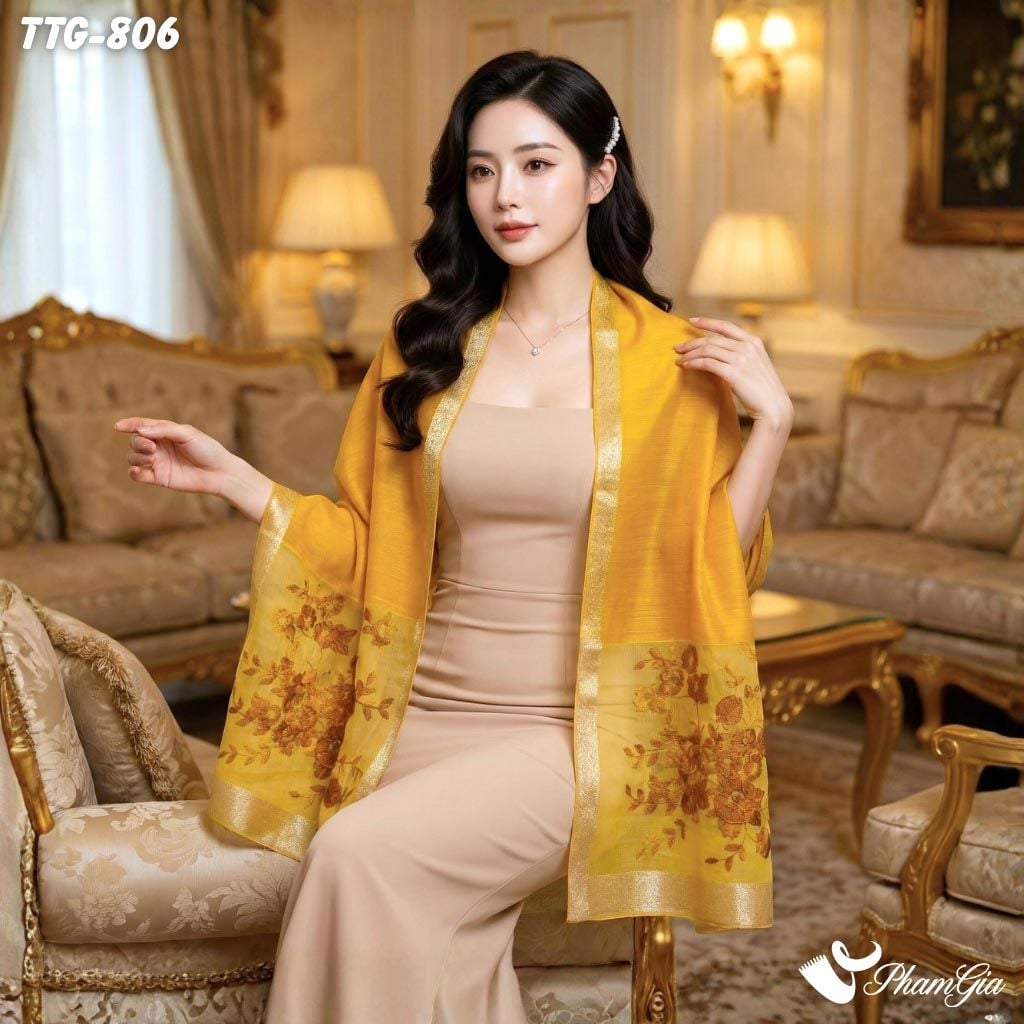 Khăn Choàng Tơ Tằm Gân Thêu Hoa Hải Quỳ Cao Cấp Màu Vàng (TTG806)