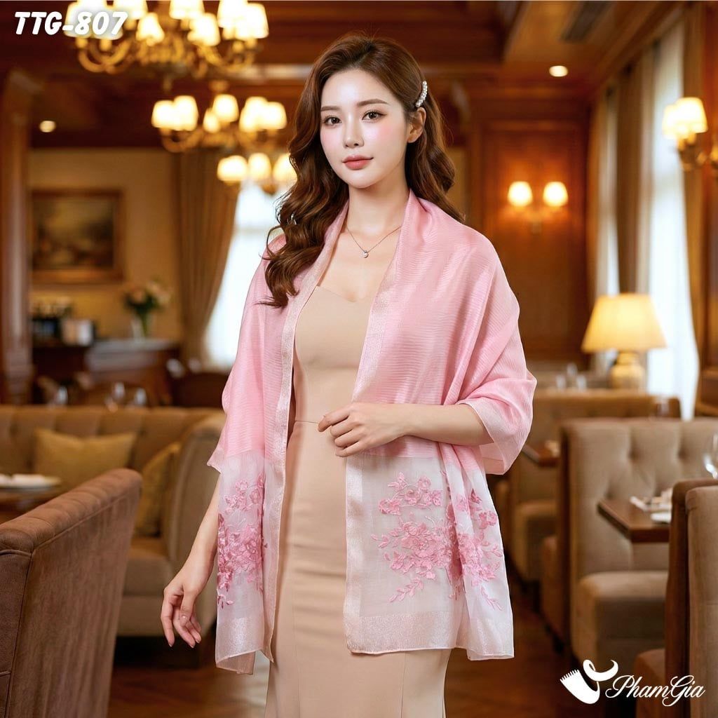 Khăn Choàng Tơ Tằm Gân Thêu Hoa Hải Quỳ Cao Cấp Màu Hồng Dâu (TTG807)