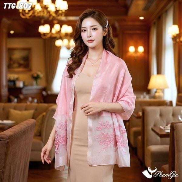 Khăn Choàng Tơ Tằm Gân Thêu Hoa Hải Quỳ Cao Cấp Màu Hồng Dâu (TTG807)