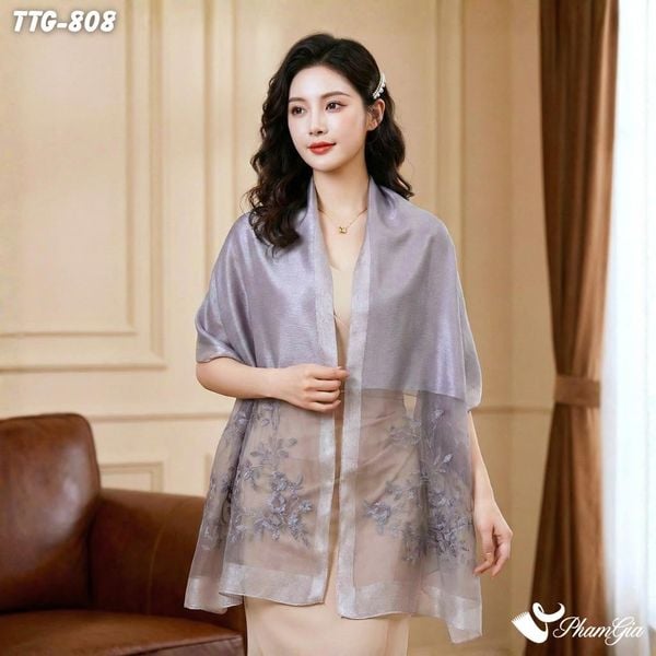 Khăn Choàng Tơ Tằm Gân Thêu Hoa Hải Quỳ Cao Cấp Màu Xám Ghi (TTG808)